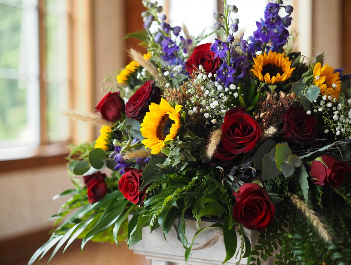 floral arrangement display showing various botanical elements